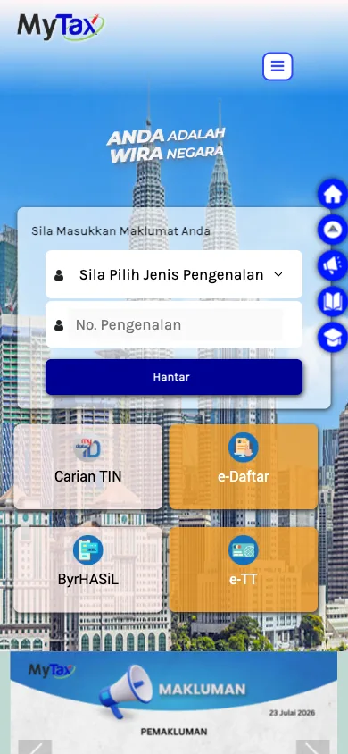 Portal MyTax pada paparan telefon dengan kotak Sila Masukkan Maklumat Anda, menu jenis pengenalan, ruangan No. Pengenalan dan butang Hantar
